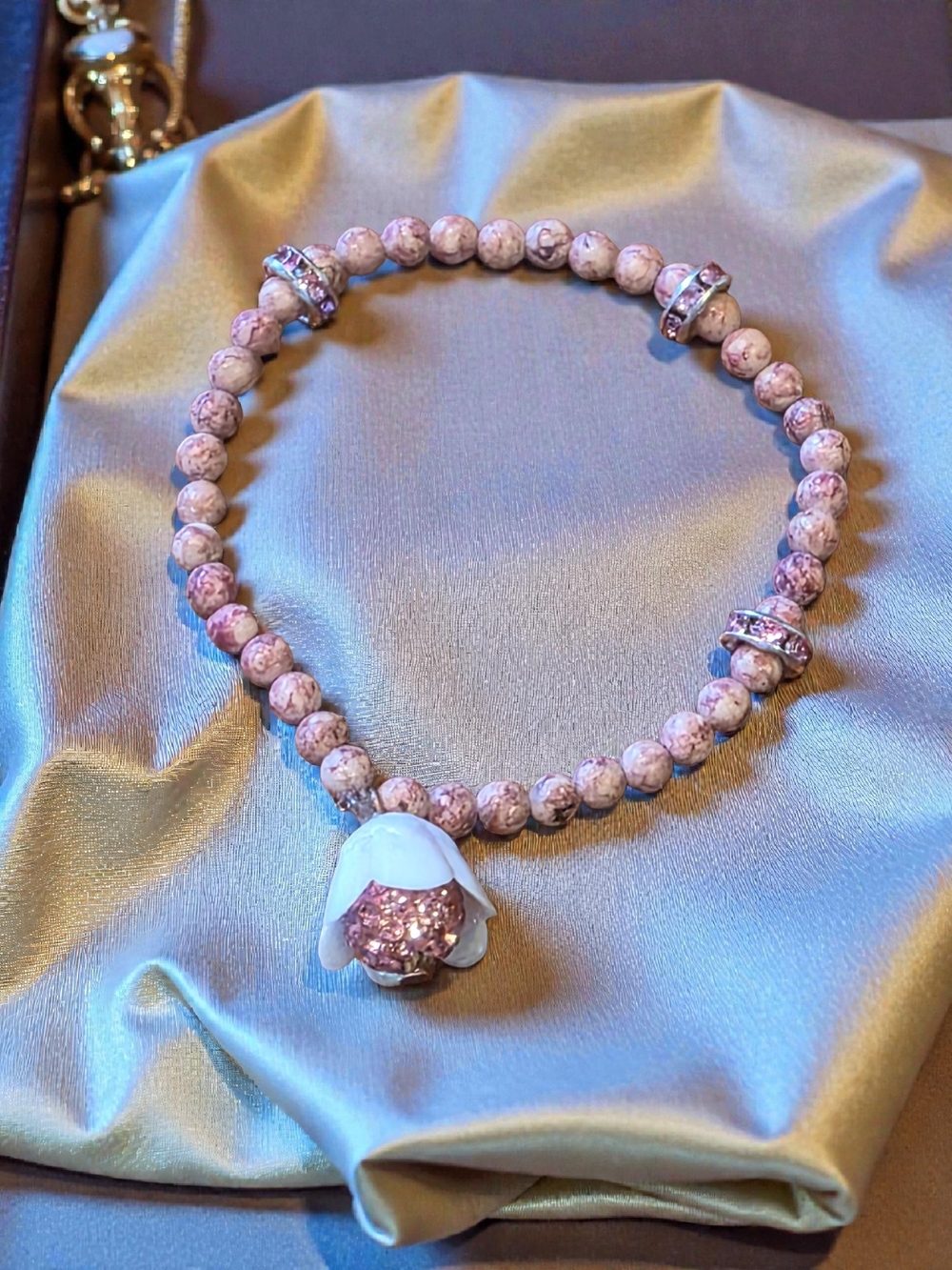 Handmade Style and Stone Picasso Jasper Pink Rhinestone Flower Charm Bracelet
